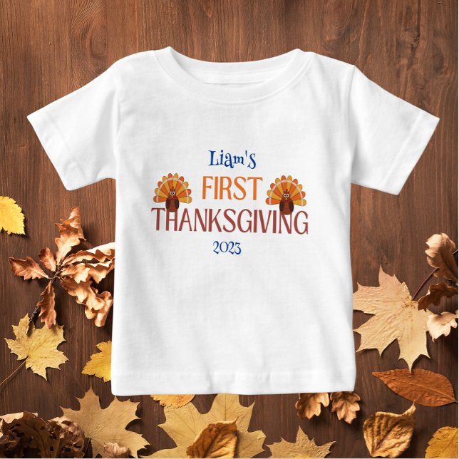 My First Thanksgiving Name white  Baby T-Shirt (First Thanksgiving Add a Name and a Year baby t-shirt)