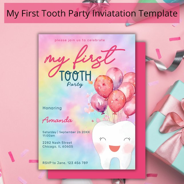 My First Tooth Party Tie Dye Balloon Girly  Invitation (Creator Uploaded)
