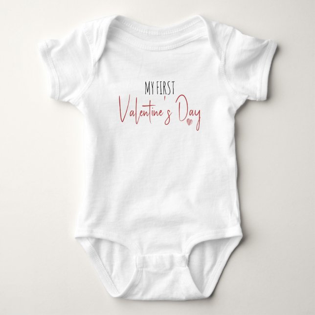 My First Valentine's Day Cute Script Heart Baby Bodysuit (Front)