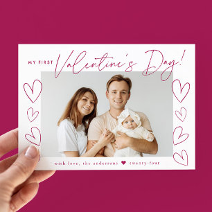 My First Valentine's Day Fuchsia Script Photo Holiday Card