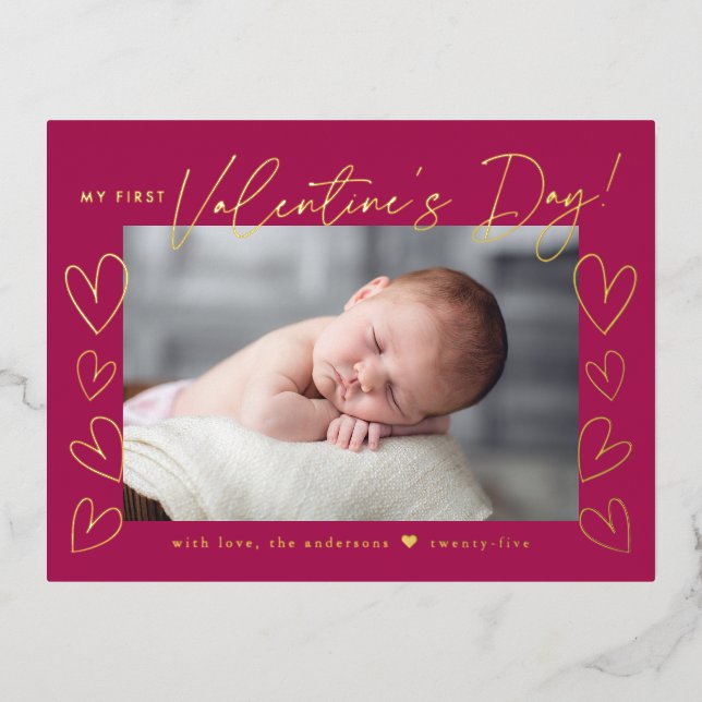 My First Valentine's Day Fuchsia Valentine's Day Foil Holiday Postcard (Front)