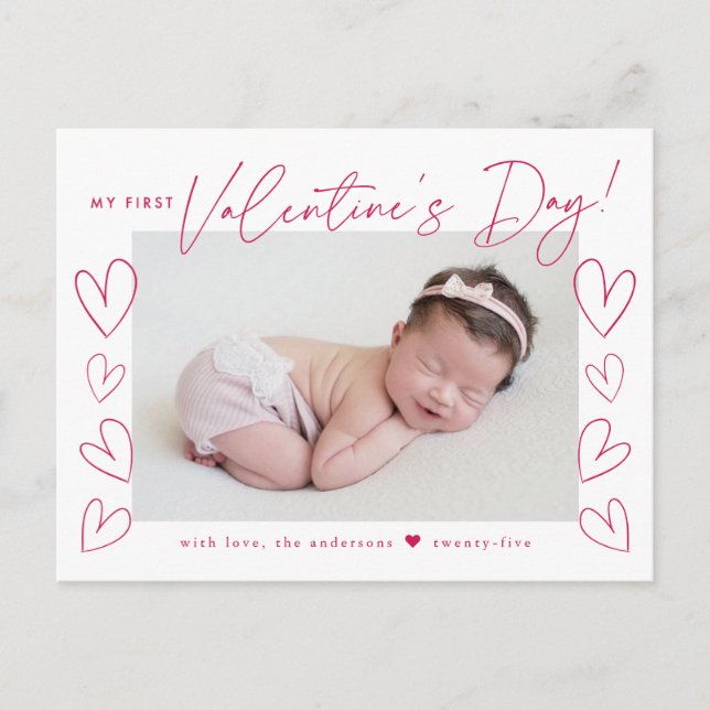 My First Valentine's Day Magenta Script Photo Holiday Postcard (Front)