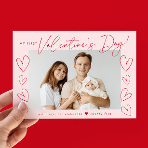 My First Valentine's Day Pink and Red Script Photo Holiday Card