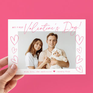 My First Valentine's Day Pink Script Photo Holiday Card