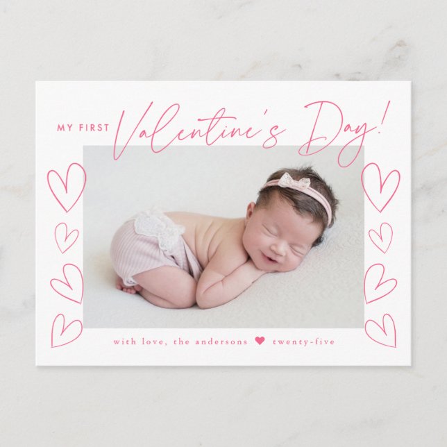 My First Valentine's Day Pink Script Photo Holiday Postcard (Front)