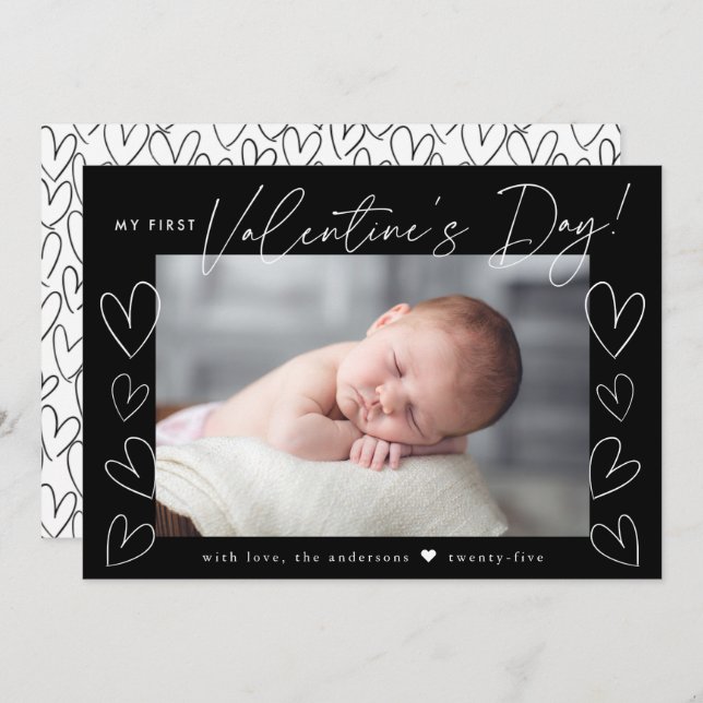 My First Valentine's Day Script Black Photo Holiday Card (Front/Back)