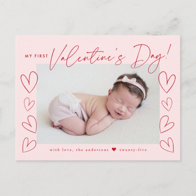 My First Valentine's Day Script Blush Pink Photo Holiday Postcard (Front)
