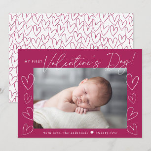 My First Valentine's Day Script Fuchsia Photo Holiday Card