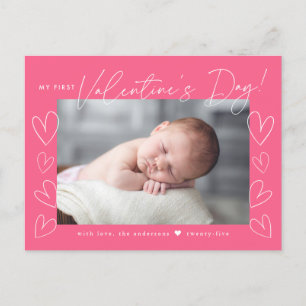 My First Valentine's Day Script Pink Photo Holiday Postcard