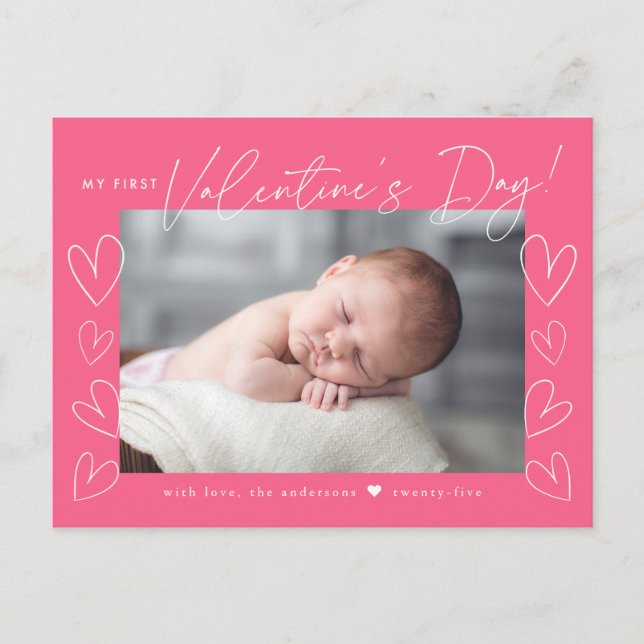 My First Valentine's Day Script Pink Photo Holiday Postcard (Front)
