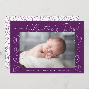 My First Valentine's Day Script Purple Photo Holiday Card