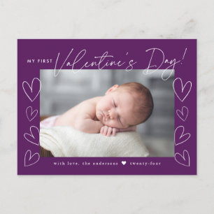 My First Valentine's Day Script Purple Photo Holiday Postcard