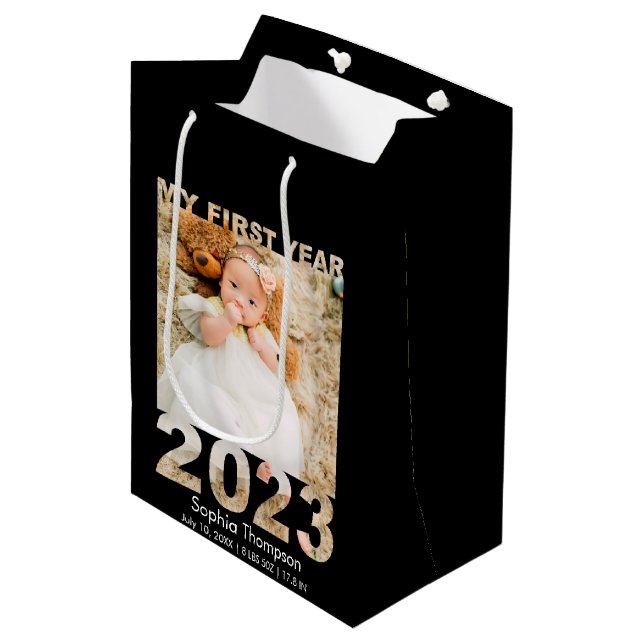 My First Year 2023 Modern Cutout Baby Photo Black Medium Gift Bag (Front Angled)
