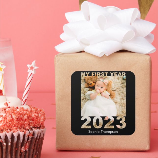 My First Year 2023 Modern Cutout Baby Photo Black Square Sticker (Party)