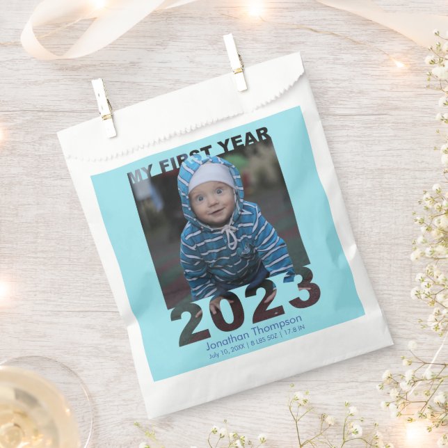 My First Year 2023 Modern Cutout Baby Photo Blue Favour Bags (Clipped)
