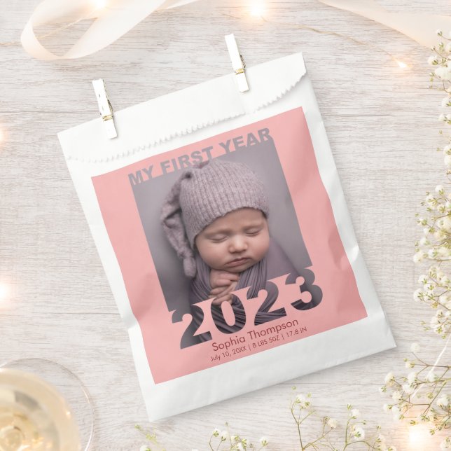 My First Year 2023 Modern Cutout Baby Photo Coral Favour Bags (Clipped)