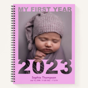 My First Year 2023 Modern Cutout Baby Photo Pink Notebook