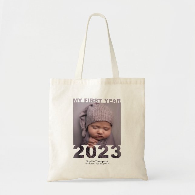 My First Year 2023 Modern Cutout Baby Photo White Tote Bag (Front)