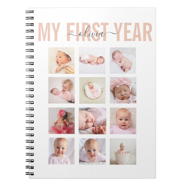 My First Year Baby Name 12 Photo Collage   Notebook (Front)