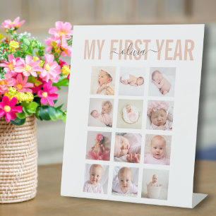 My First Year Baby Name 12 Photo Collage Poster Pedestal Sign