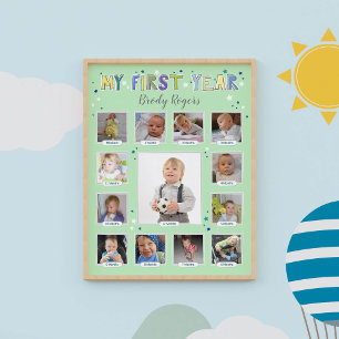 "My First Year" Memories Green Collage Baby Boy Photo Print