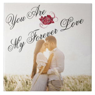  “My Forever Love” Red Rose Elegant Script Photo  Tile