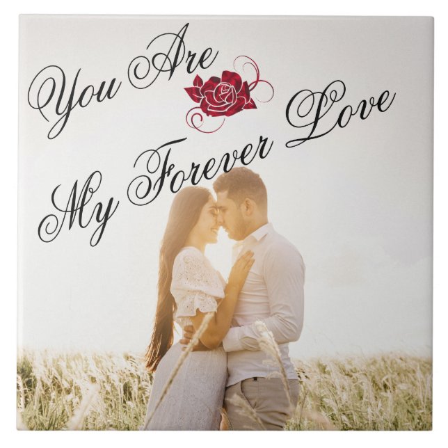  “My Forever Love” Red Rose Elegant Script Photo  Tile (Front)