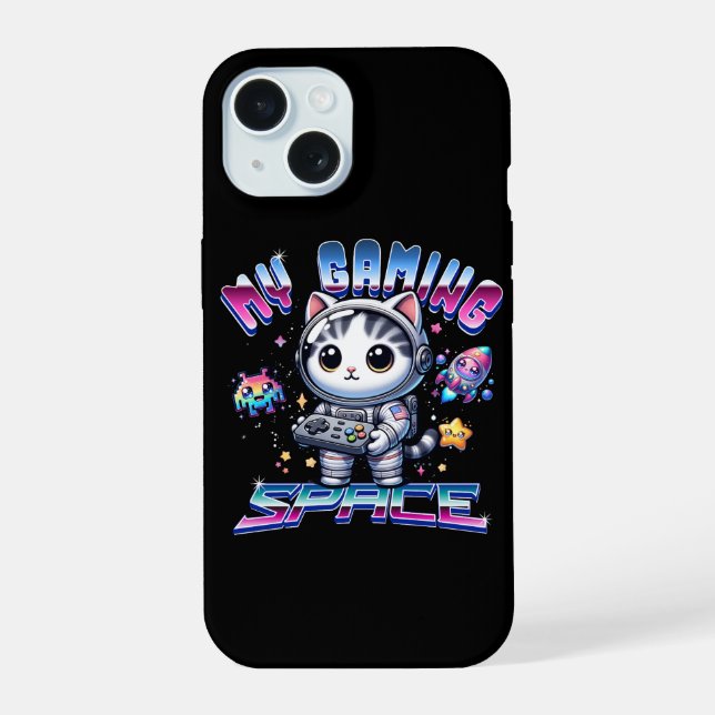 MY GAMING SPACE - KAWAII SPACE CAT iPhone 15 CASE (Back)