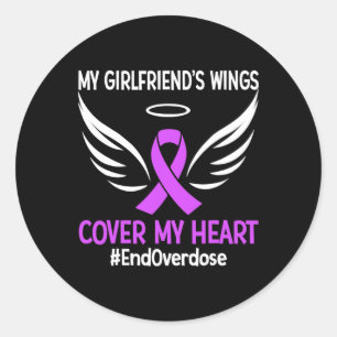 My Girlfriend's Wings Cover My Heart Purple Ribbon Classic Round Sticker