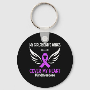 My Girlfriend's Wings Cover My Heart Purple Ribbon Key Ring