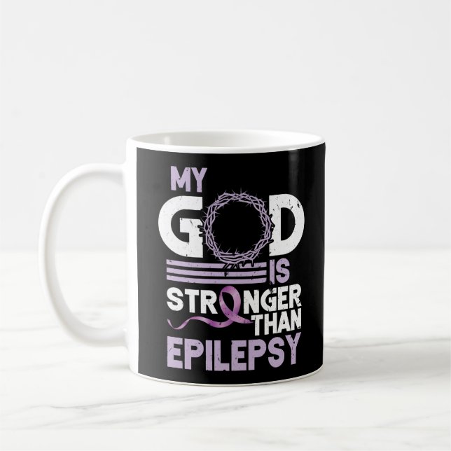 My God Is Stronger Than Epilepsy Awareness Ribbon Coffee Mug (Left)
