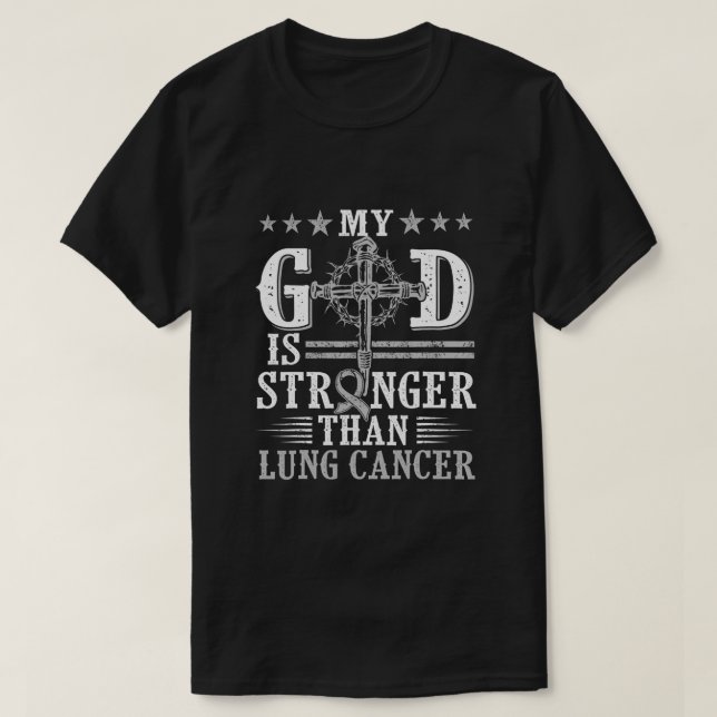 My God Is Stronger Than Lung Cancer, Cross & Ribbo T-Shirt (Design Front)