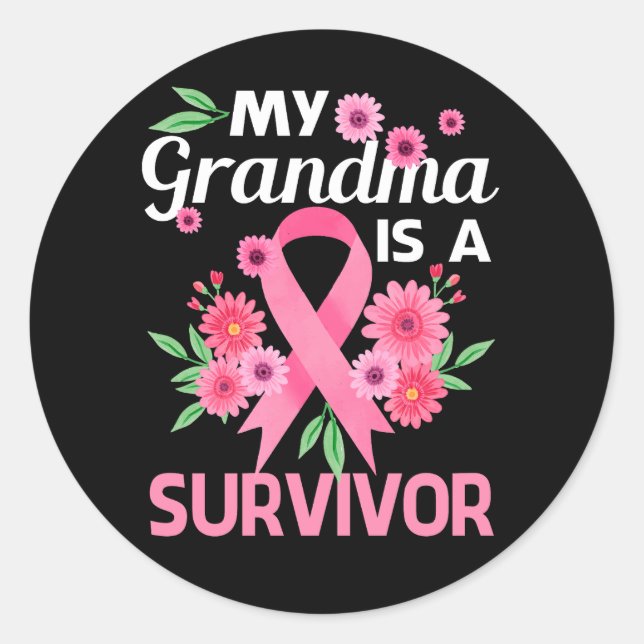 My Grandma Is A Survivor Pink Flower Breast Cancer Classic Round Sticker (Front)