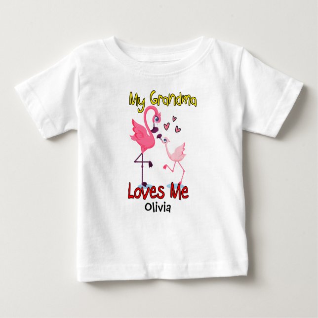 My Grandma Loves Me Flamingo Baby T-Shirt (Front)