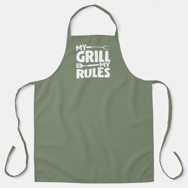 My Grill My Rules Funny BBQ Logo Green Apron (Front)