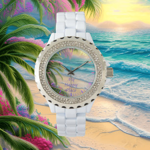 My Happy Place Beach Rhinestone on White Watch