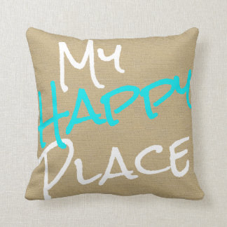 My Happy Place Beige, Turquoise Blue and White Cushion