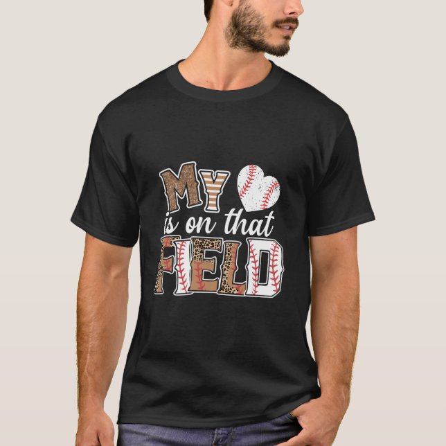 My He Is On T Field T Ball Leopard T Ball Mom T-Shirt (Front)
