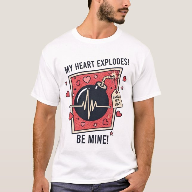 "My Heart Explodes" Vintage Bomb Illustration T-Shirt (Front)