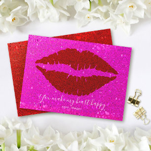 My Heart Happy Red Lips Pink Glitter Valentine Holiday Card