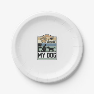 My Heart My Dog Vintage Engraving Dog Lover Design Paper Plate