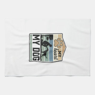 My Heart My Dog Vintage Engraving Dog Lover Design Tea Towel