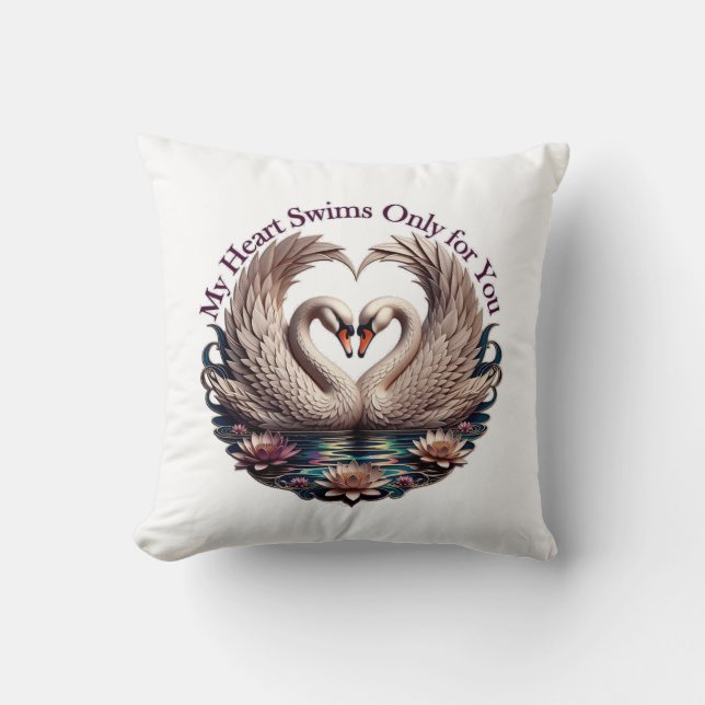 My Heart Swims Only for You Swan Heart T-Shirt Cushion (Front)