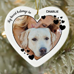 My Hearts Belongs To Personalised Pet Dog Photo Ceramic Tree Decoration<br><div class="desc">Honour your best friend with a custom dog photo ornament. This unique pet photo ornament keepsake features a heart border, Quote "My Hearts Belongs To". Customise with favourite pet dog , horse, or cat photos, and name . Ornament is double sided, you can do 2 favourite photos, one on each...</div>