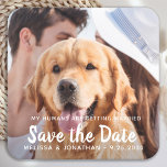 My Humans Are Getting Married Engagement Dog Photo Square Paper Coaster<br><div class="desc">Add the finishing touch to your dog wedding save the dates with these custom photo, and personalised 'My Humans Are Getting Married... Save The Date' stickers. Customise with your favourite photo, names and date. These pet wedding dog save the date stickers are perfect for engagement party, save the date pet...</div>