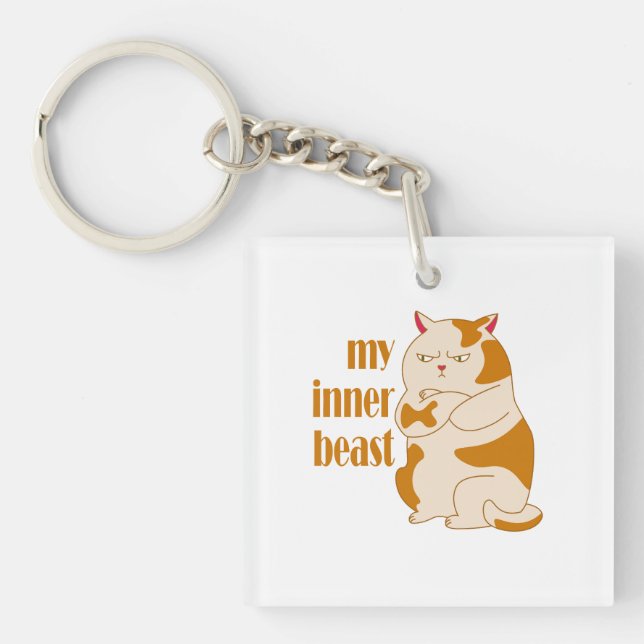 My inner beast lazy fat cat motivational quote key ring (Front)
