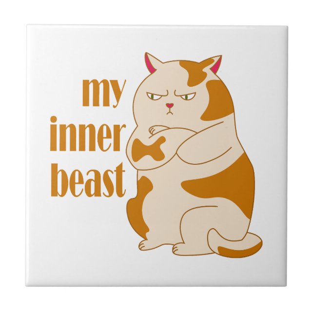 My inner beast lazy fat cat motivational quote tile (Front)