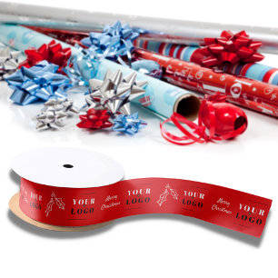 My Logo Merry Christmas Business Holly Red Satin Ribbon
