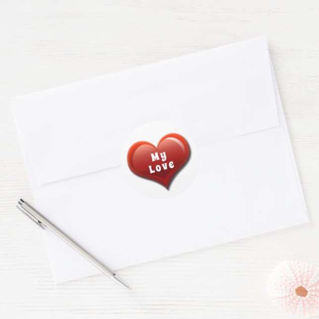 My Love Modern Red Heart Classic Round Sticker (Envelope)