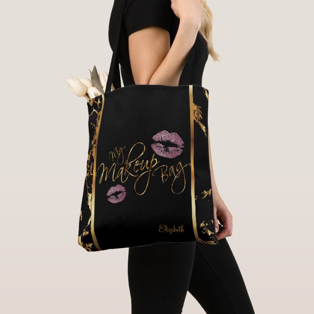 My Makeup Gold Marble Bag- Pink Rose Glitter Lips Tote Bag (Close Up)